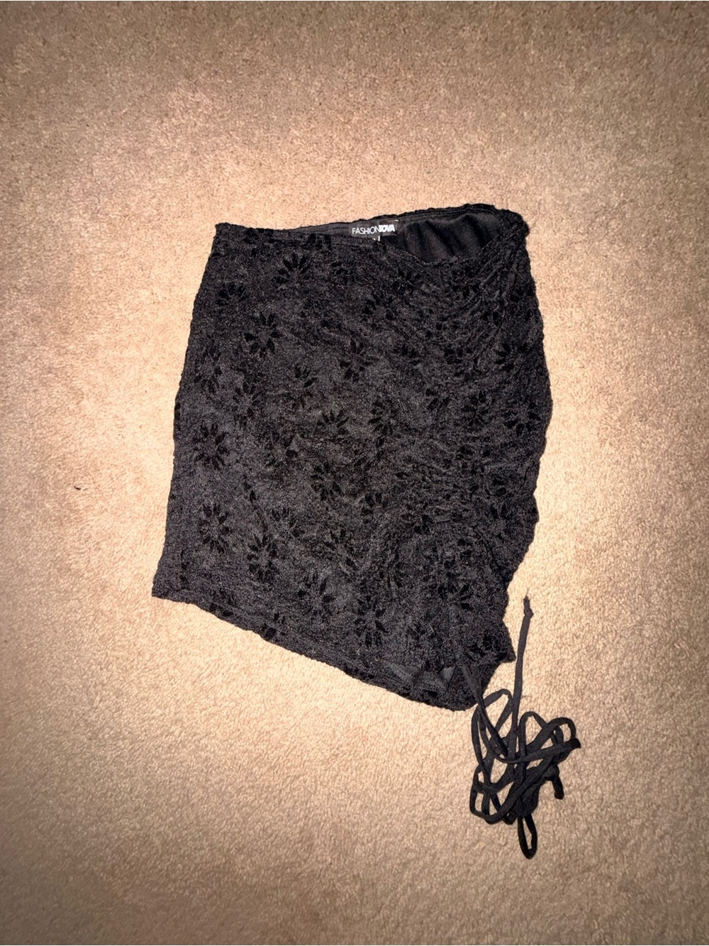 Fashion Nova Black Floral Lace Side-Drawstring Mini Skirt